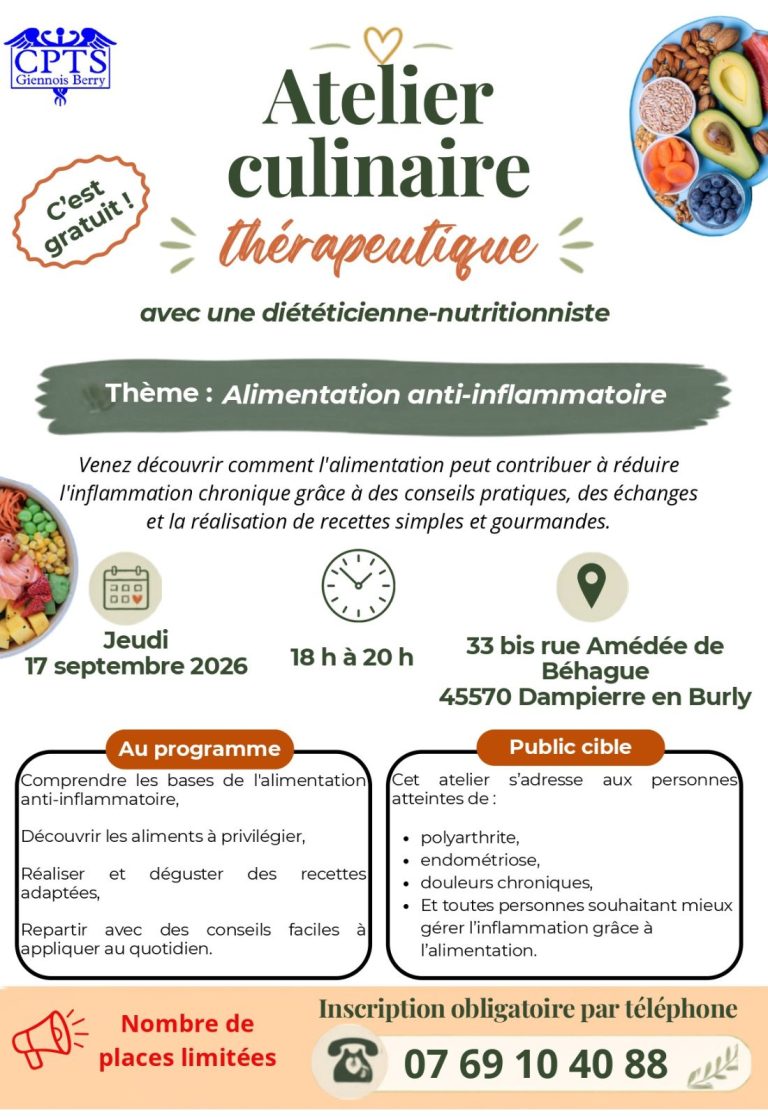 Atelier culinaire Thérapeutiqueavec une diététicienne-nutritionniste gratuit le Jeudi 17 septembre 2026 à Dampierre en Burly